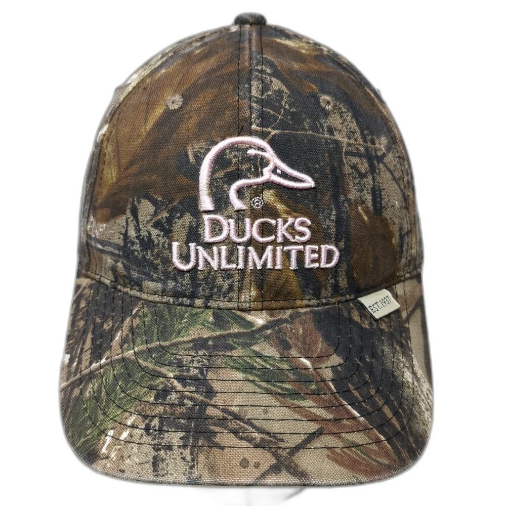 Ducks Unlimited Baseball Cap Brown Camo Pink Logo One Size Slideback Hunting Hat